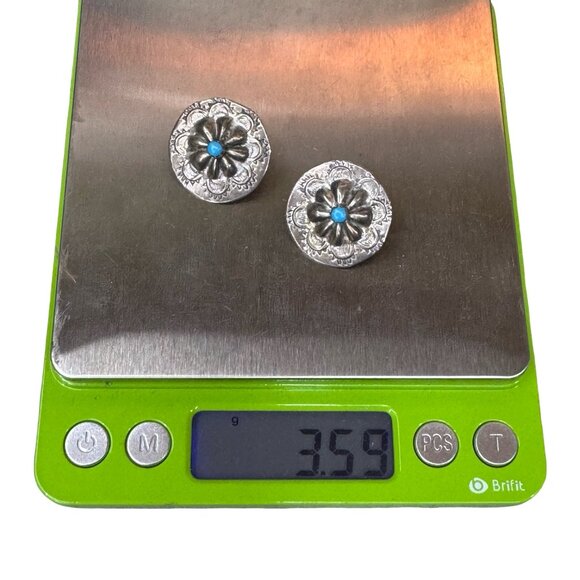 Native American Sterling Silver Navajo Handmade Concho Turquoise Post Earrings - Picture 5 of 5